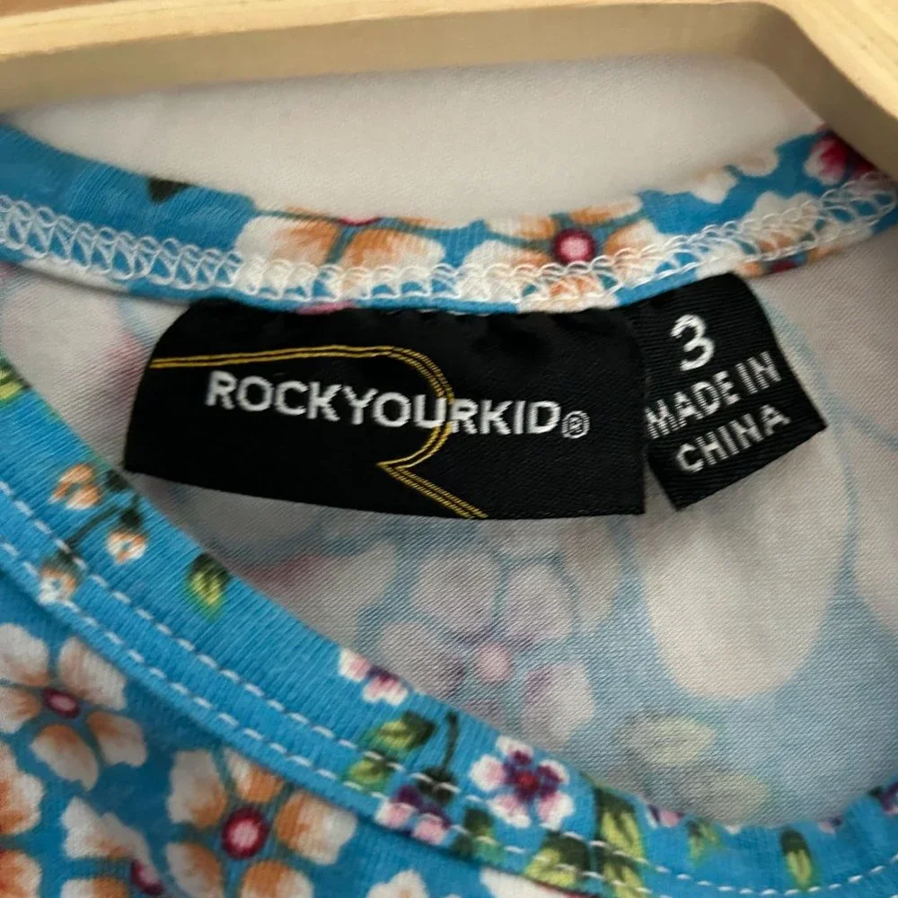 Rock Your Kid Dress Blue Floral Waisted Pocket Short Sleeve Fit &‎ Flare Girl 3